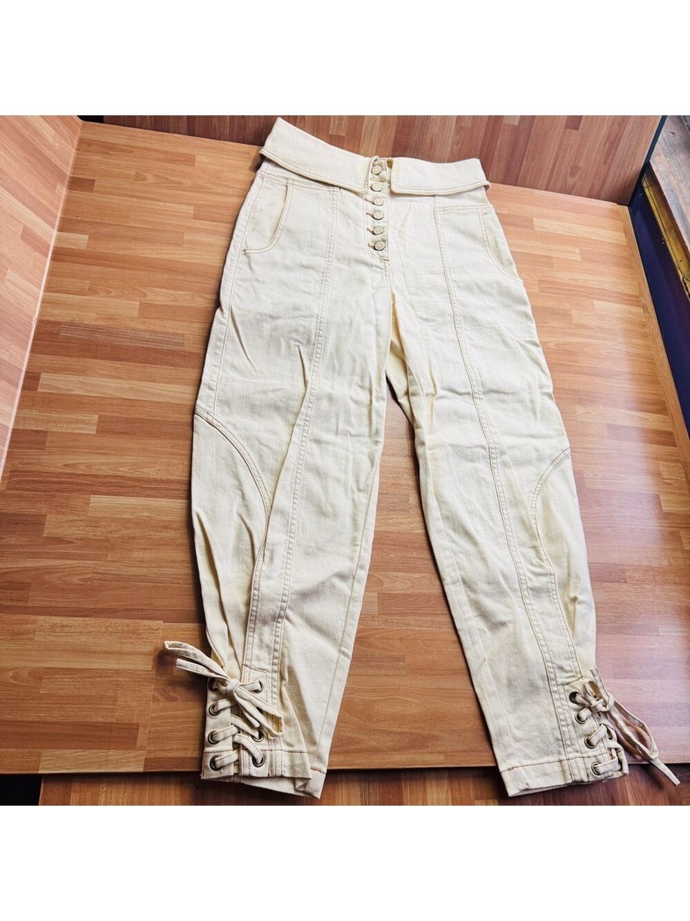 Ulla Johnson off white denim pants button fly denim jeans with bottom tie size 2